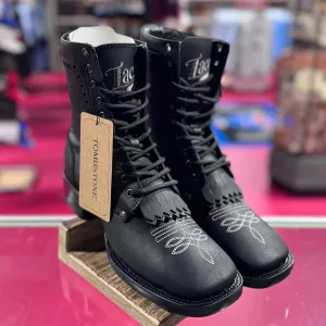 Black Wide Square Toe Lace Up Boots