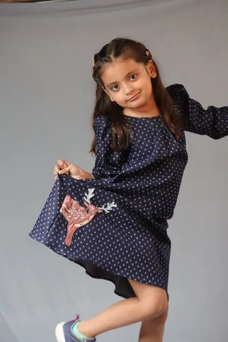 Blue Printed Laycra Denim Reindeer Embroydri Full Sleeve Dress For Girls