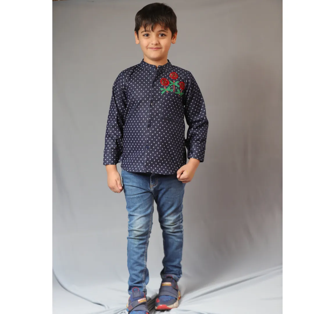 Boy & Girl Basic Blue Cotton Lycra Denim Popsicles Embroidered Twinning Set Duo