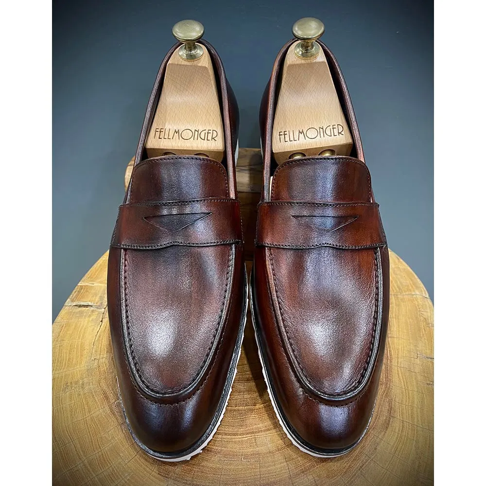 Brown Patina Penny Loafers With White  Extralight  Textured Sole