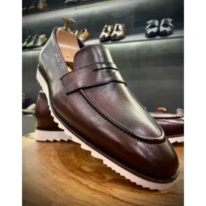 Brown Patina Penny Loafers With White  Extralight  Textured Sole