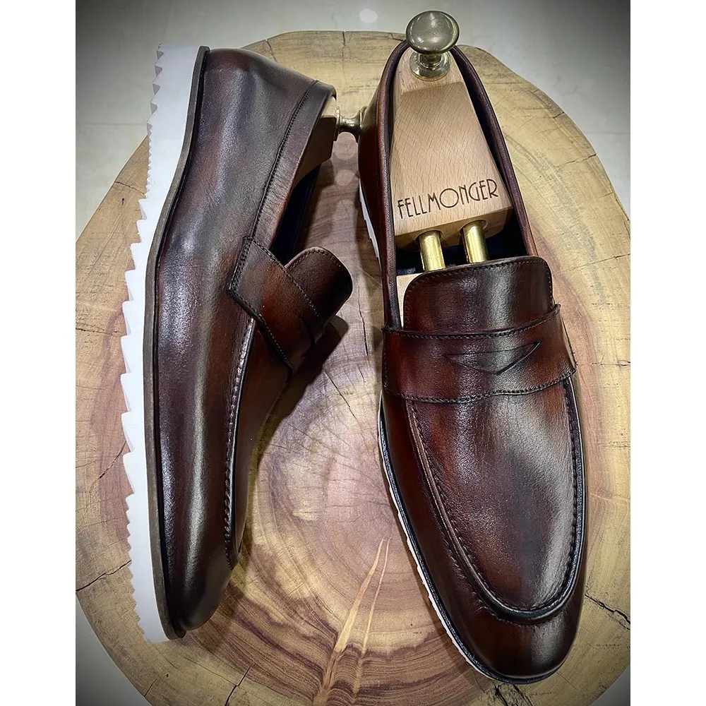 Brown Patina Penny Loafers With White  Extralight  Textured Sole