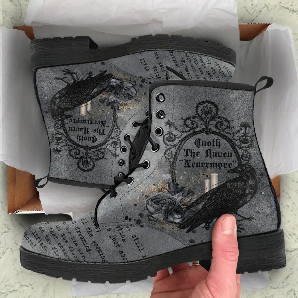 Combat Boots - Edgar Allan Poe Inspired #103 The Raven | Vegan Leather Handmade Lace Up, Custom Shoes Boho, Goth Witch Boots, Gothic Poem