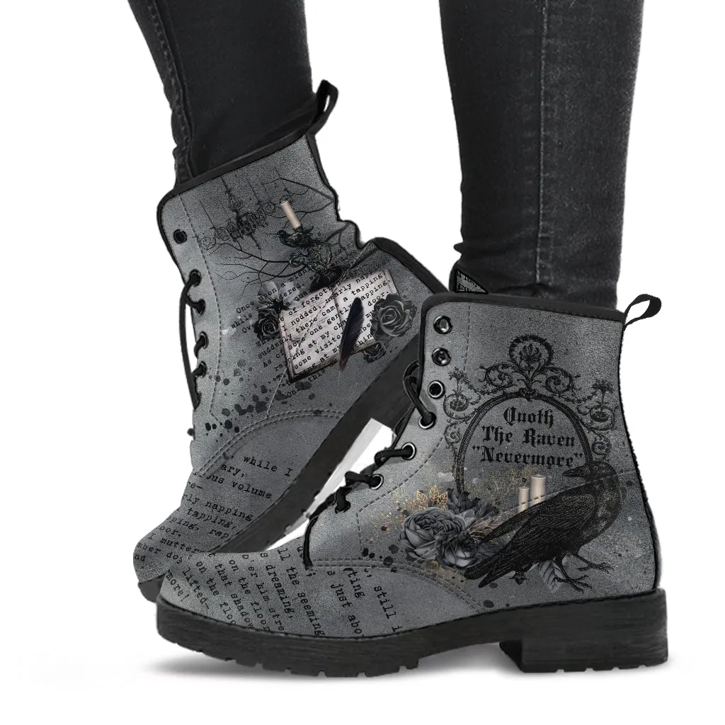 Combat Boots - Edgar Allan Poe Inspired #103 The Raven | Vegan Leather Handmade Lace Up, Custom Shoes Boho, Goth Witch Boots, Gothic Poem