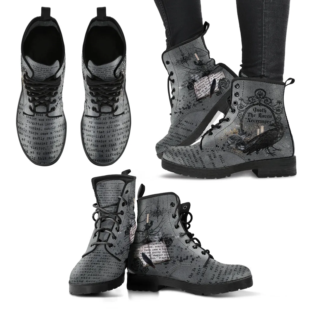 Combat Boots - Edgar Allan Poe Inspired #103 The Raven | Vegan Leather Handmade Lace Up, Custom Shoes Boho, Goth Witch Boots, Gothic Poem