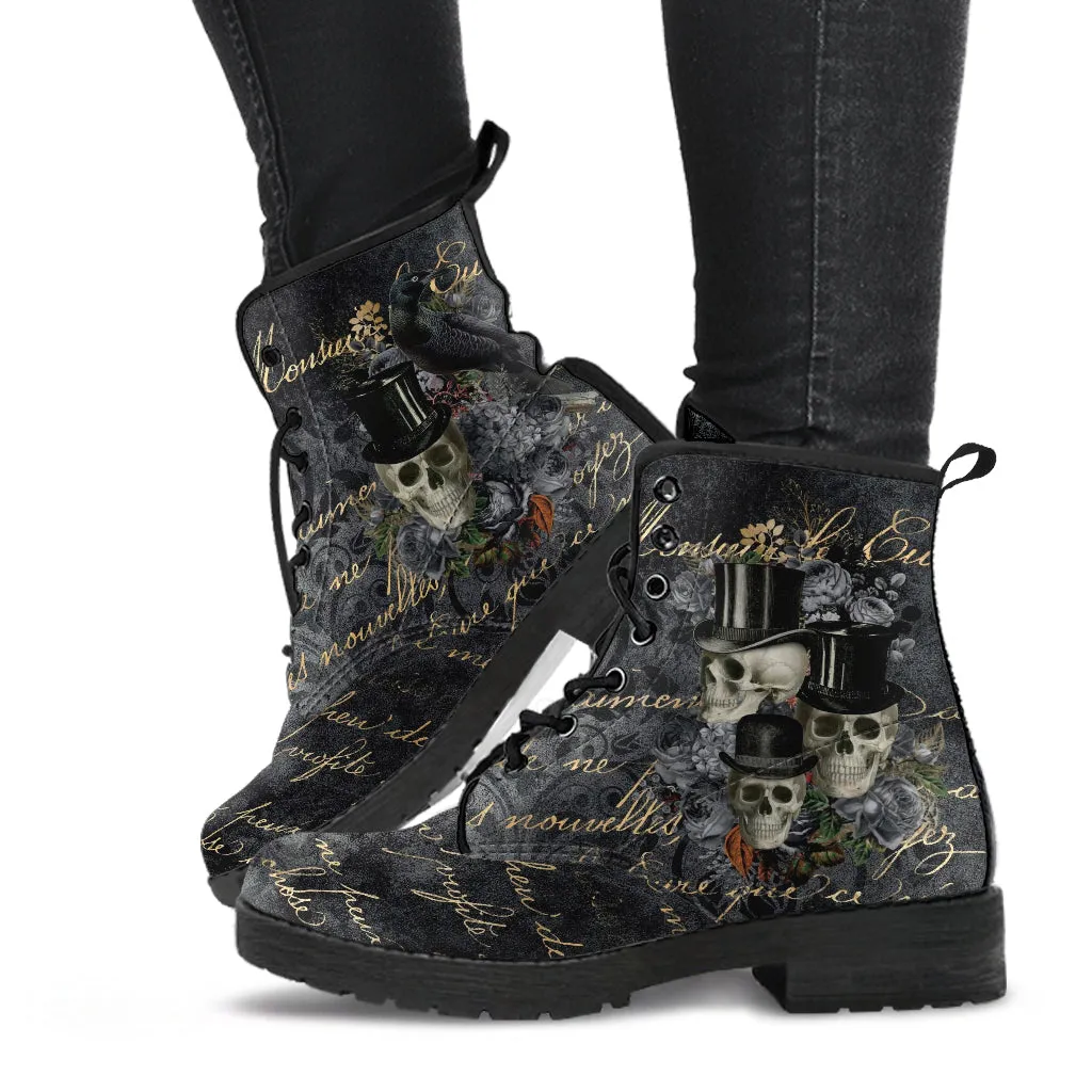 Combat Boots - Goth Shoes #112 Skulls & Roses, Grunge Gray | Vegan Leather Lace Up, Custom Shoes, Literally Goth Witch Boots, Unisex Adult