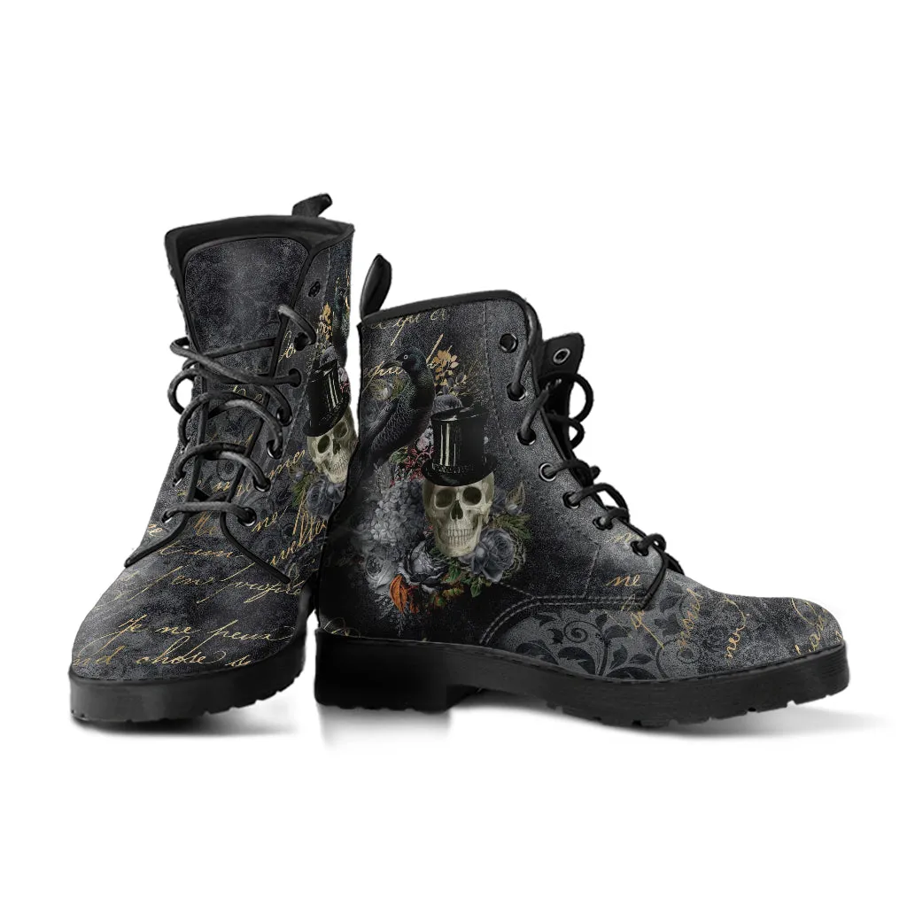 Combat Boots - Goth Shoes #112 Skulls & Roses, Grunge Gray | Vegan Leather Lace Up, Custom Shoes, Literally Goth Witch Boots, Unisex Adult