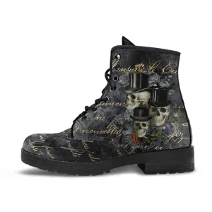Combat Boots - Goth Shoes #112 Skulls & Roses, Grunge Gray | Vegan Leather Lace Up, Custom Shoes, Literally Goth Witch Boots, Unisex Adult