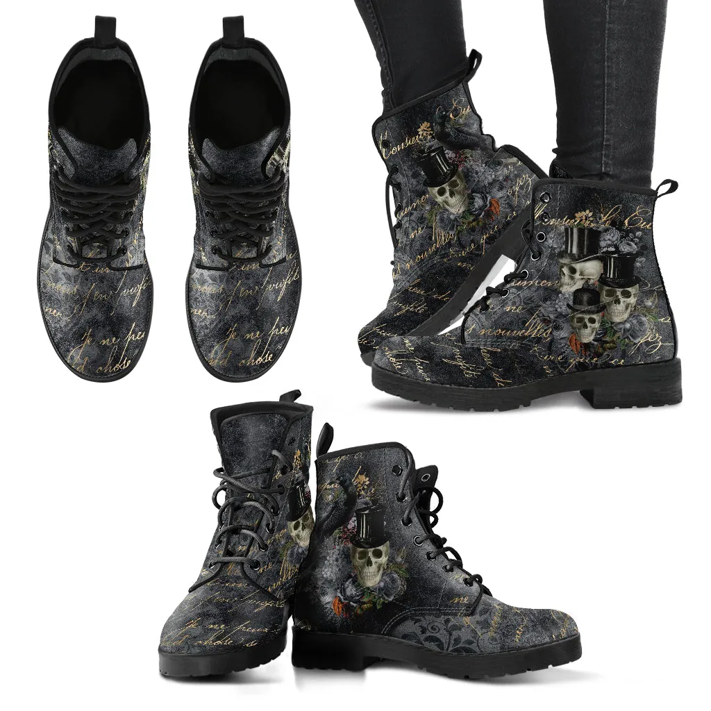 Combat Boots - Goth Shoes #112 Skulls & Roses, Grunge Gray | Vegan Leather Lace Up, Custom Shoes, Literally Goth Witch Boots, Unisex Adult