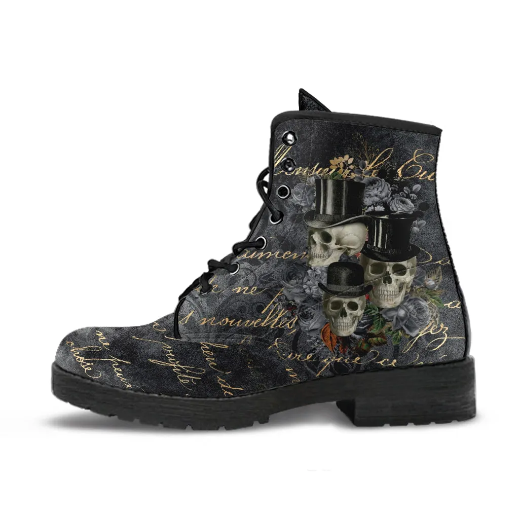 Combat Boots - Goth Shoes #112 Skulls & Roses, Grunge Gray | Vegan Leather Lace Up, Custom Shoes, Literally Goth Witch Boots, Unisex Adult