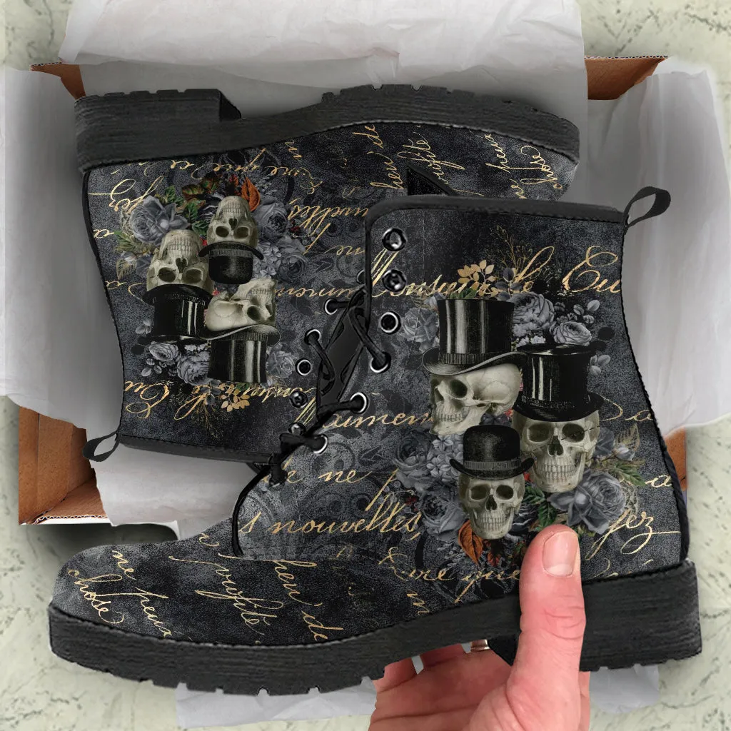 Combat Boots - Goth Shoes #112 Skulls & Roses, Grunge Gray | Vegan Leather Lace Up, Custom Shoes, Literally Goth Witch Boots, Unisex Adult