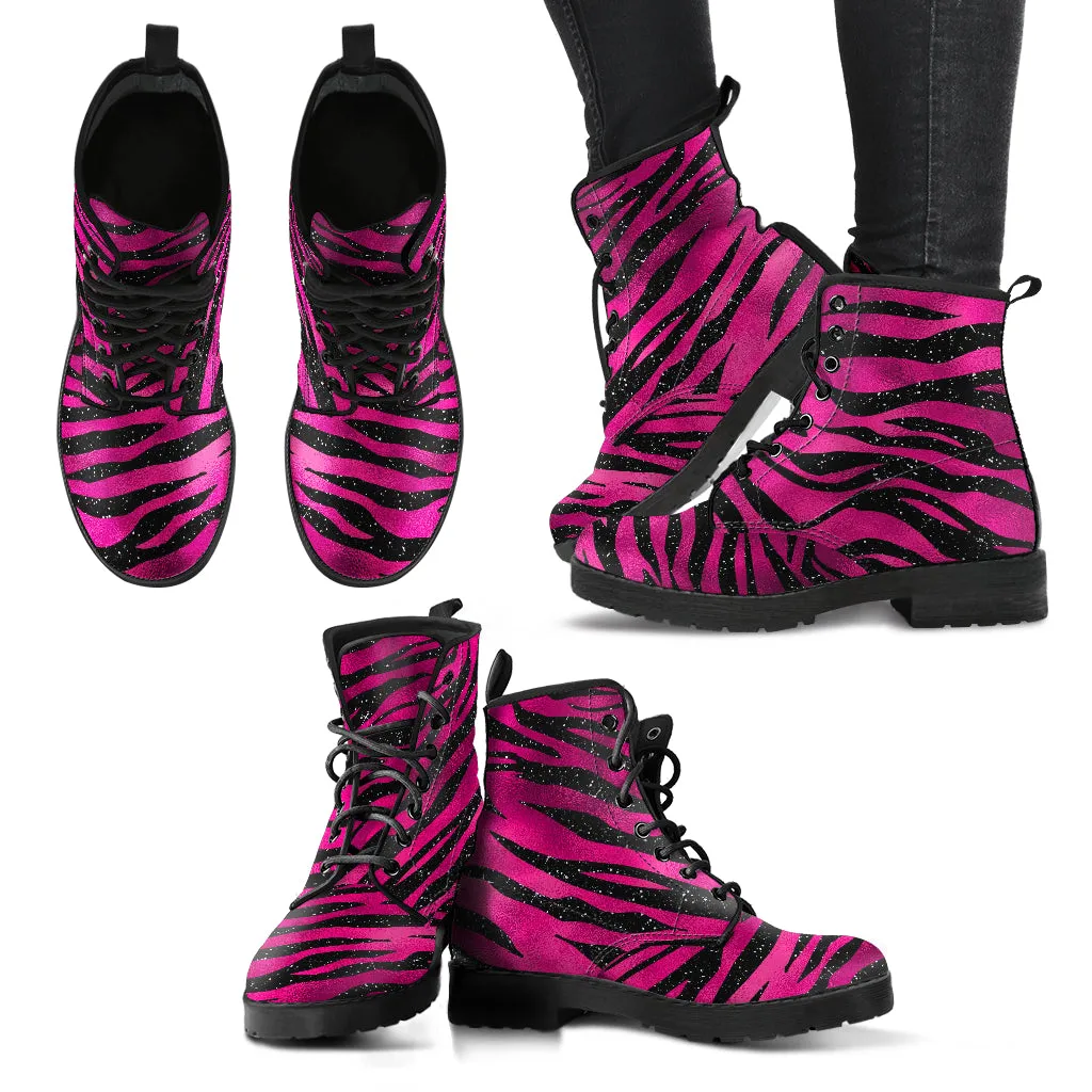 Combat Boots - Hot Pink Pattern #102 | Unisex Adult Shoes, Vegan Leather Handmade Lace Up Boots, Custom Shoes Boho, Vintage Style, Aesthetic