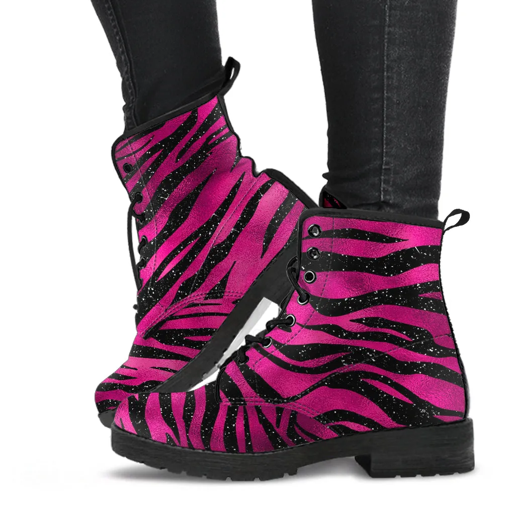 Combat Boots - Hot Pink Pattern #102 | Unisex Adult Shoes, Vegan Leather Handmade Lace Up Boots, Custom Shoes Boho, Vintage Style, Aesthetic
