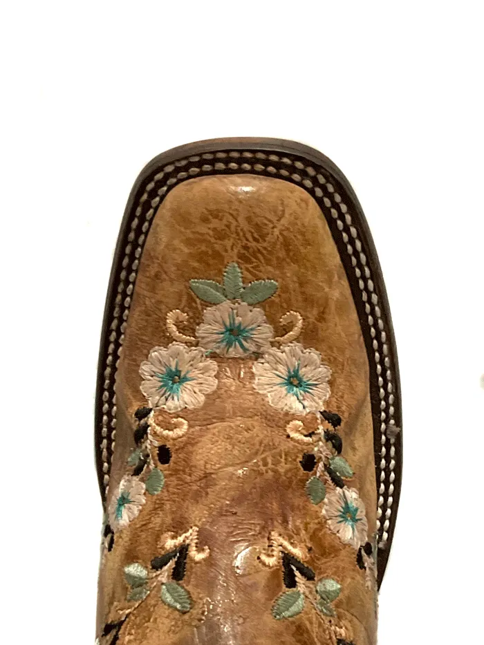 Corral A4398 Ladies Floral Embroidery Square Toe Western Boot Distressed Cognac