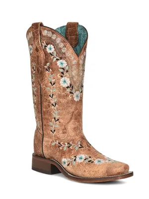Corral A4398 Ladies Floral Embroidery Square Toe Western Boot Distressed Cognac