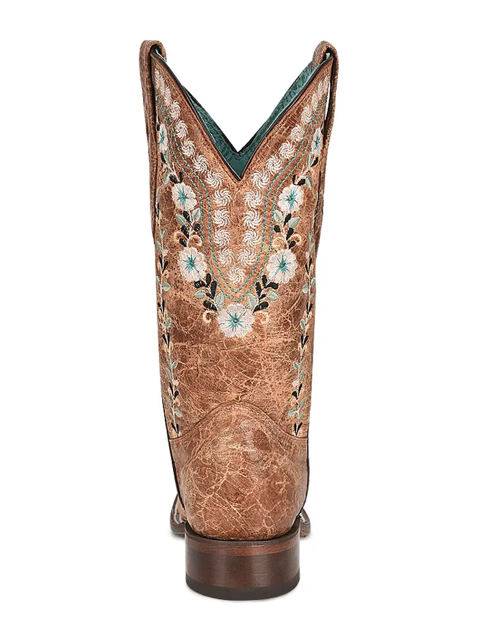 Corral A4398 Ladies Floral Embroidery Square Toe Western Boot Distressed Cognac
