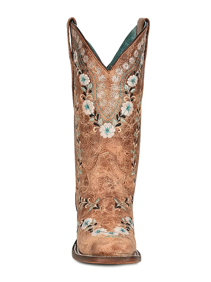 Corral A4398 Ladies Floral Embroidery Square Toe Western Boot Distressed Cognac