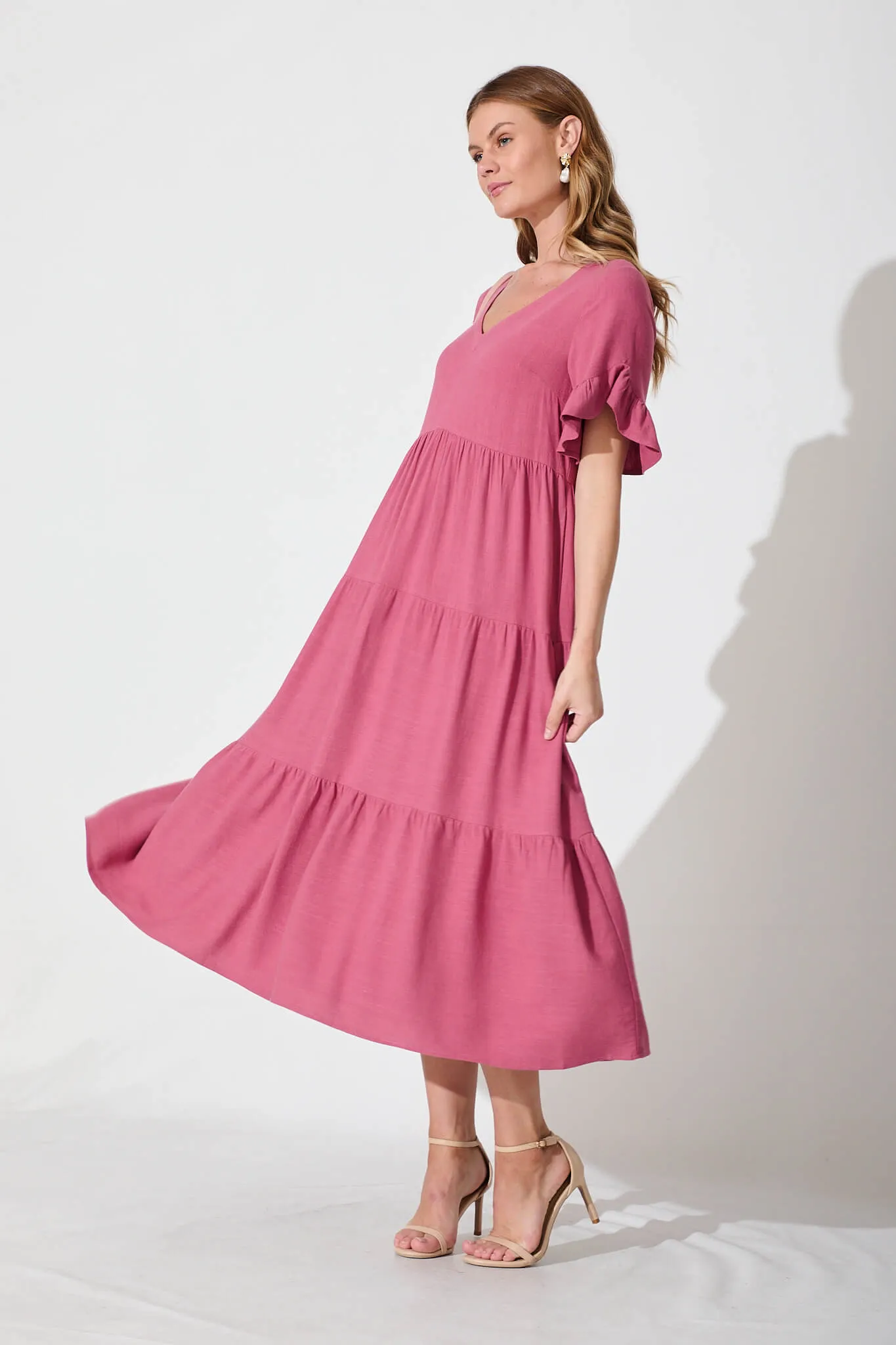Deep Rose Linen Blend Midi Dress