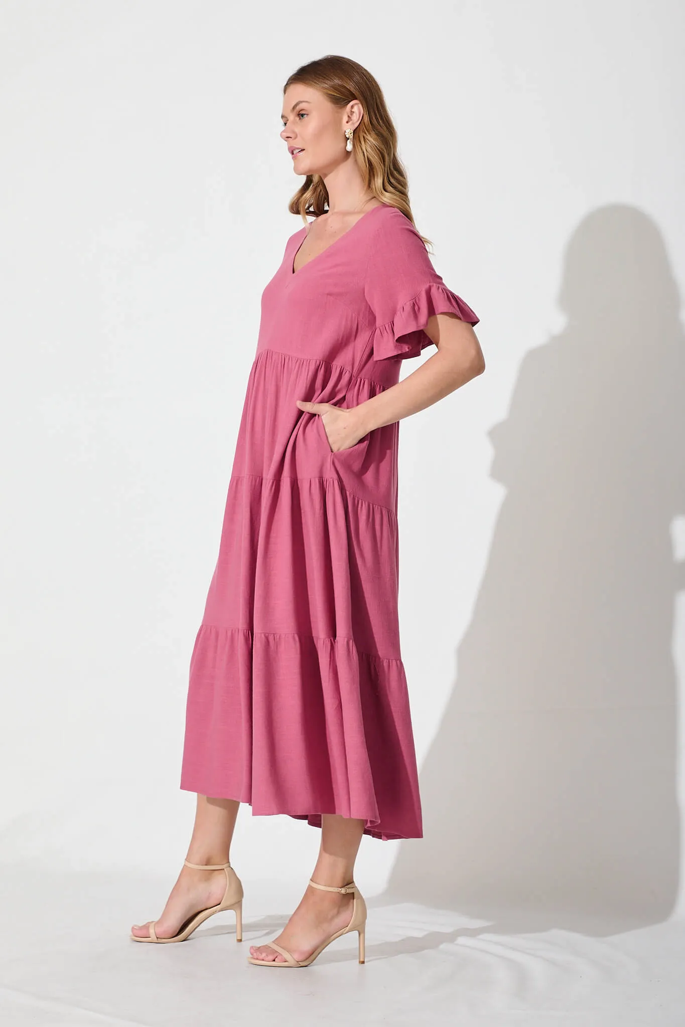 Deep Rose Linen Blend Midi Dress
