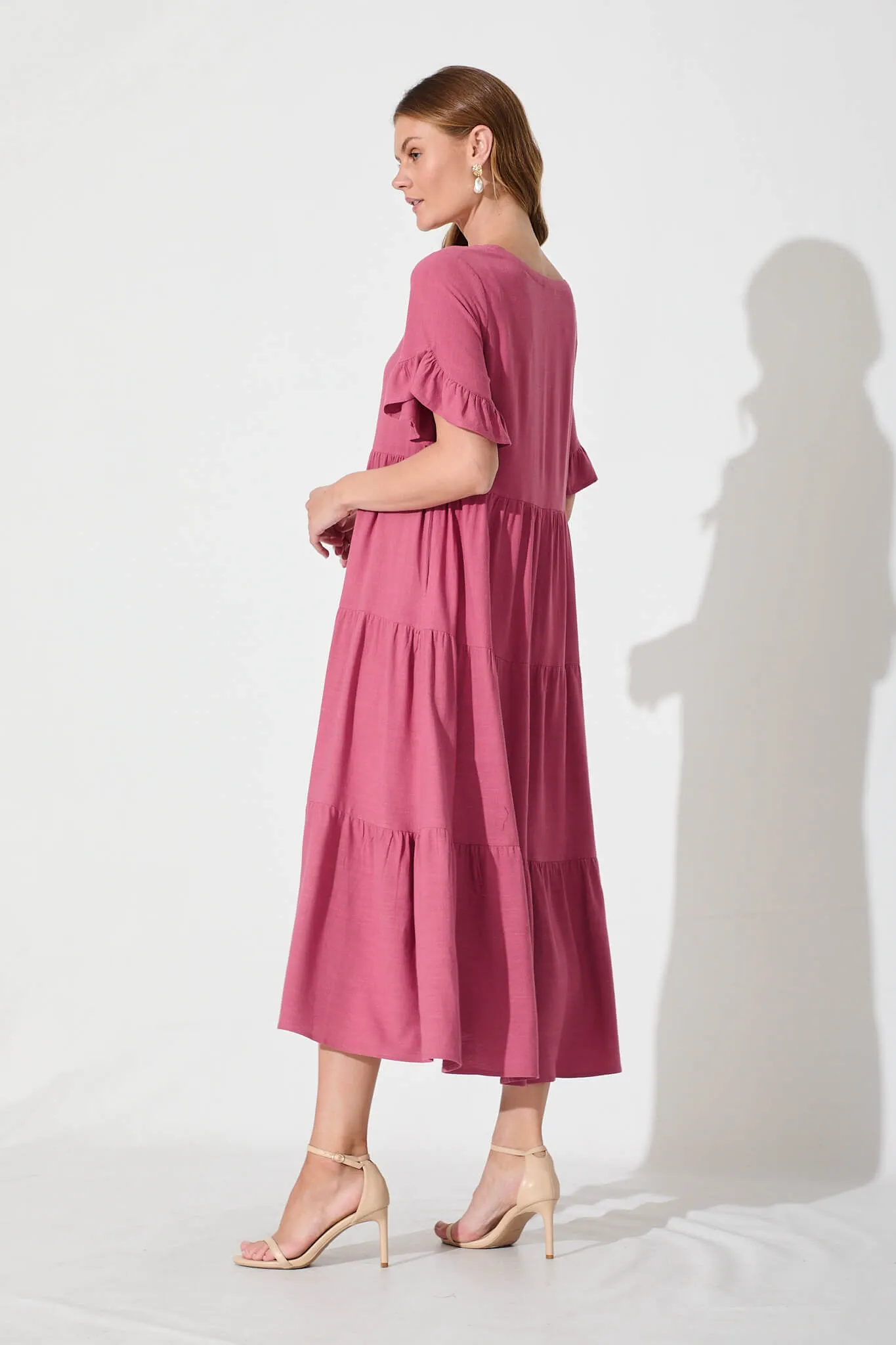 Deep Rose Linen Blend Midi Dress