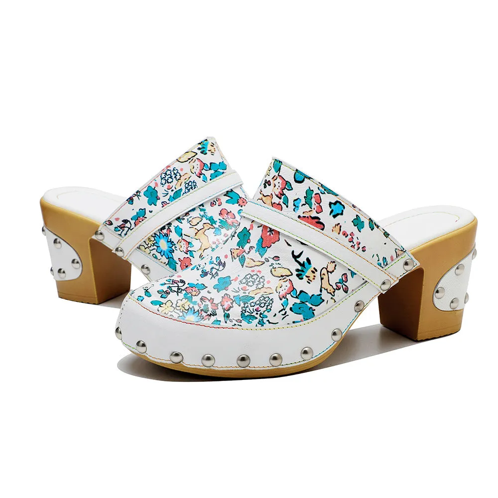 Handmade Leather Print Fresh Floral Pastoral Style Casual Fashion Comfortable High Heeled Sandals