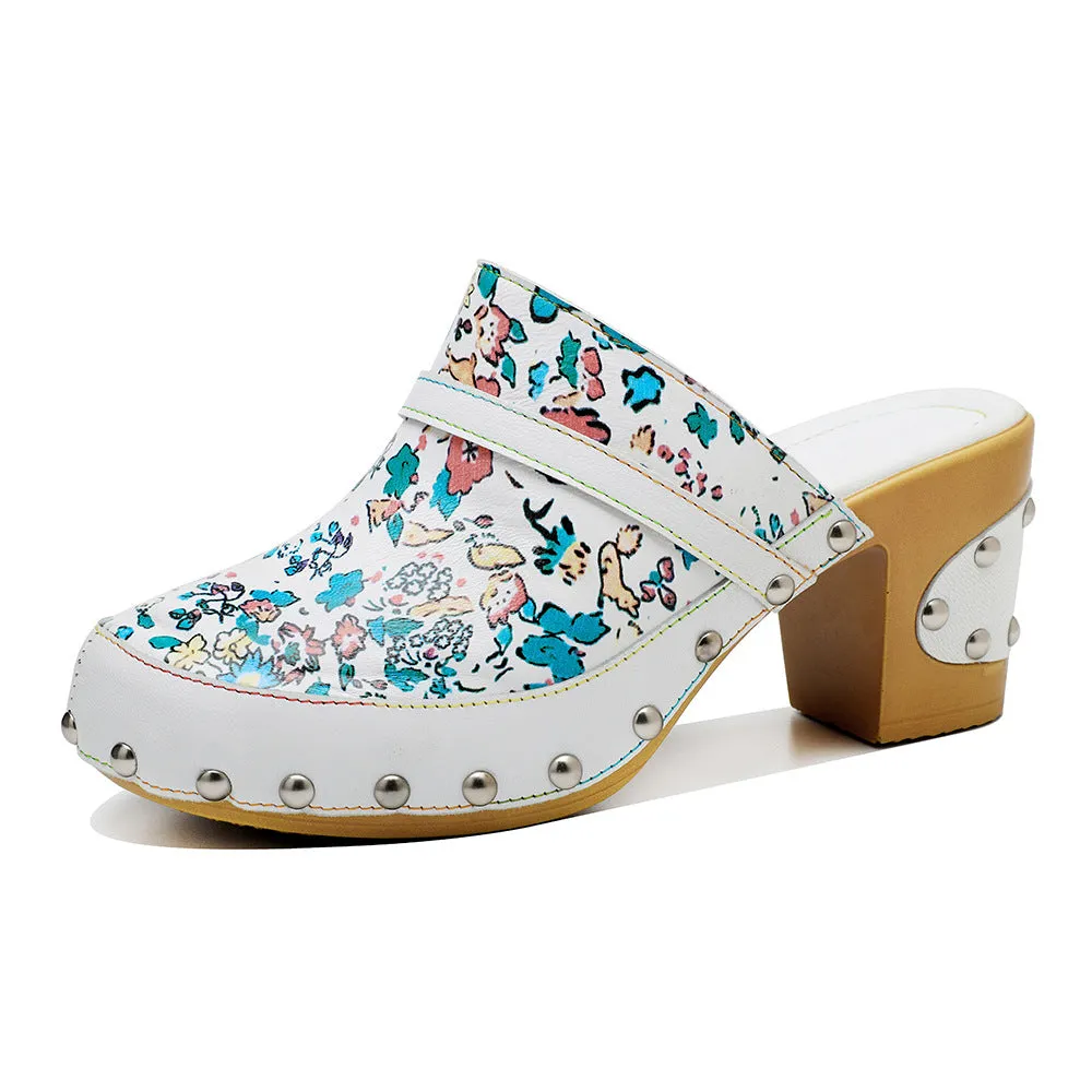 Handmade Leather Print Fresh Floral Pastoral Style Casual Fashion Comfortable High Heeled Sandals
