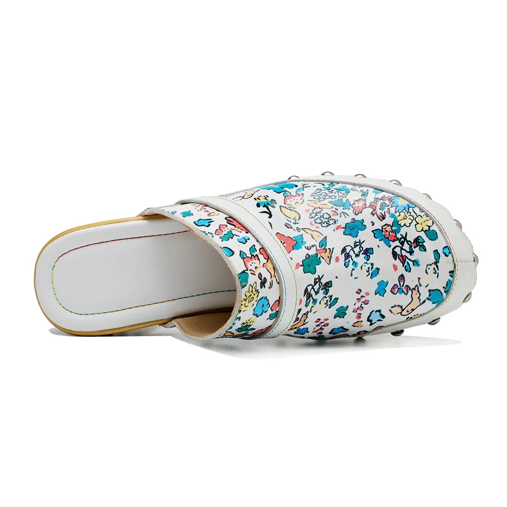Handmade Leather Print Fresh Floral Pastoral Style Casual Fashion Comfortable High Heeled Sandals