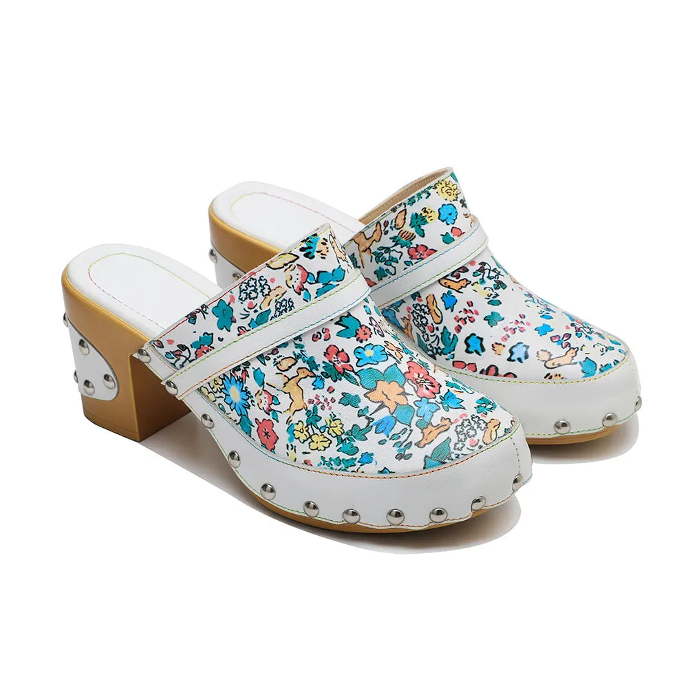 Handmade Leather Print Fresh Floral Pastoral Style Casual Fashion Comfortable High Heeled Sandals