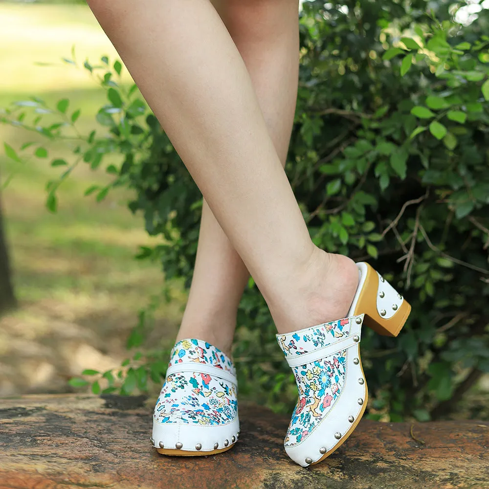Handmade Leather Print Fresh Floral Pastoral Style Casual Fashion Comfortable High Heeled Sandals