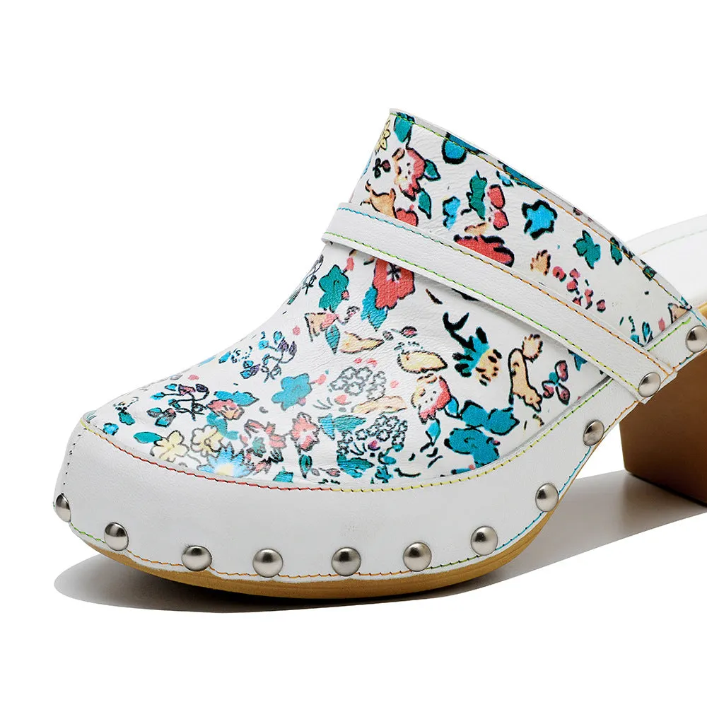 Handmade Leather Print Fresh Floral Pastoral Style Casual Fashion Comfortable High Heeled Sandals
