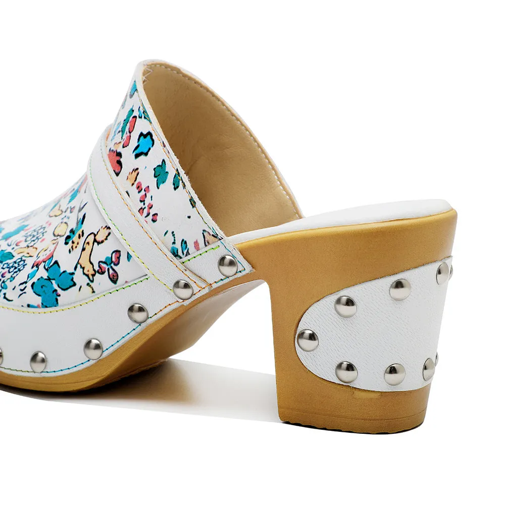 Handmade Leather Print Fresh Floral Pastoral Style Casual Fashion Comfortable High Heeled Sandals