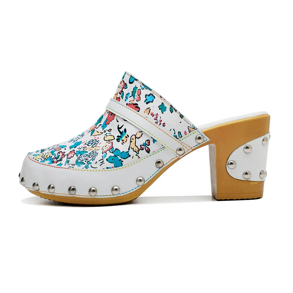 Handmade Leather Print Fresh Floral Pastoral Style Casual Fashion Comfortable High Heeled Sandals