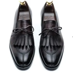 Handmade Men Black Leather Fringe Dress Shoes Moccasins, Shoes for Men