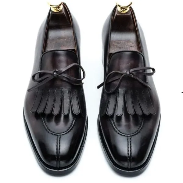 Handmade Men Black Leather Fringe Dress Shoes Moccasins, Shoes for Men