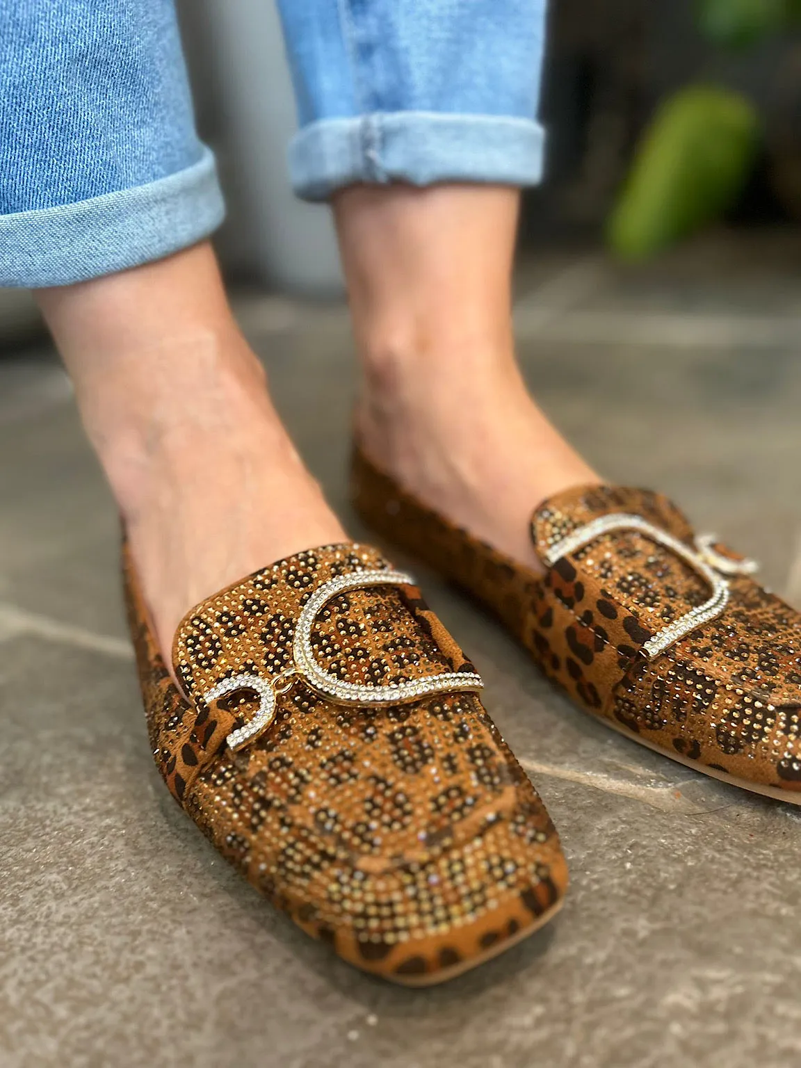 Leopard Diamante Gold Buckle Loafers