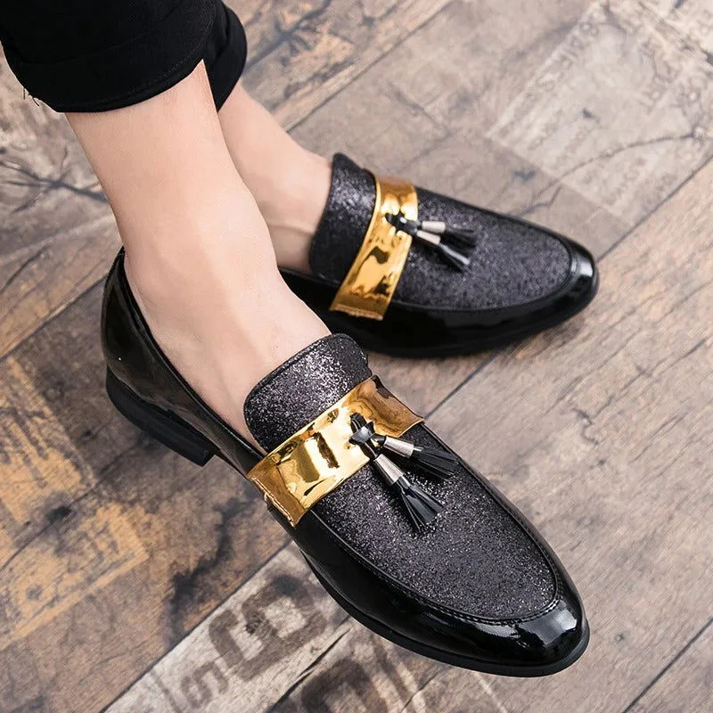 Men Flat Black Golden Formal Patchwork Shoe PU Leather Casual Men