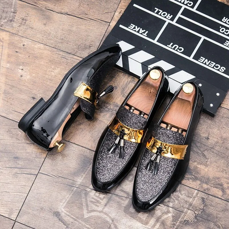 Men Flat Black Golden Formal Patchwork Shoe PU Leather Casual Men