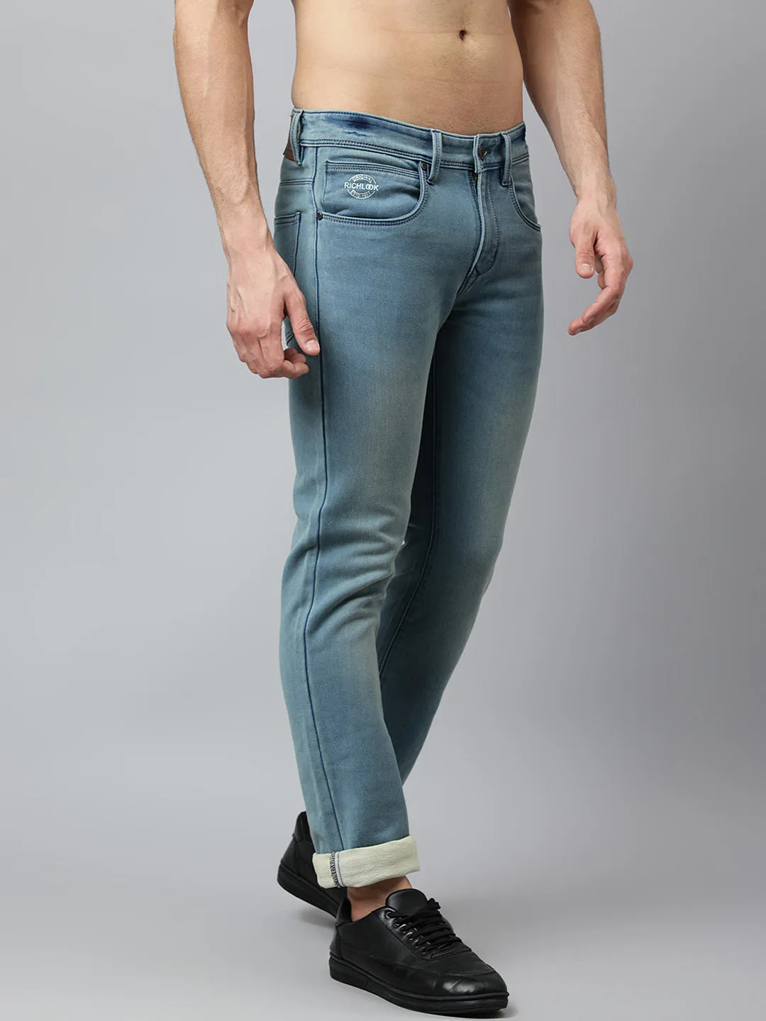 Men Sky Tint Regular Fit Mid Rise Clean Look Stretchable Jeans