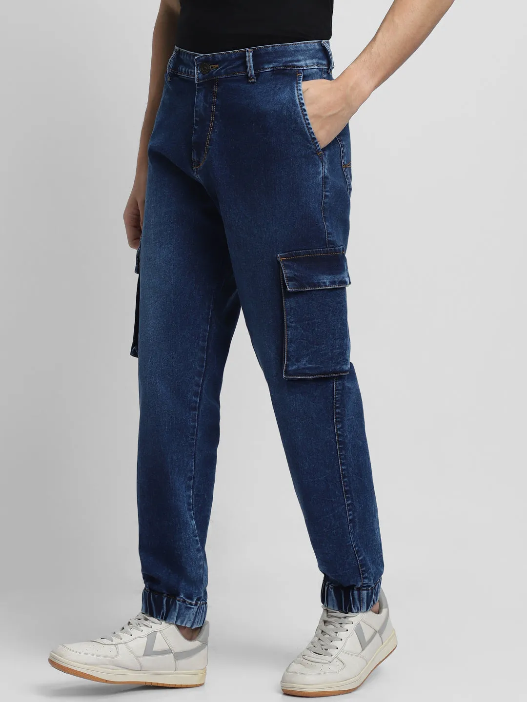 Men's Cargo Jogger Fit Washed Indigo Stretchable Jeans