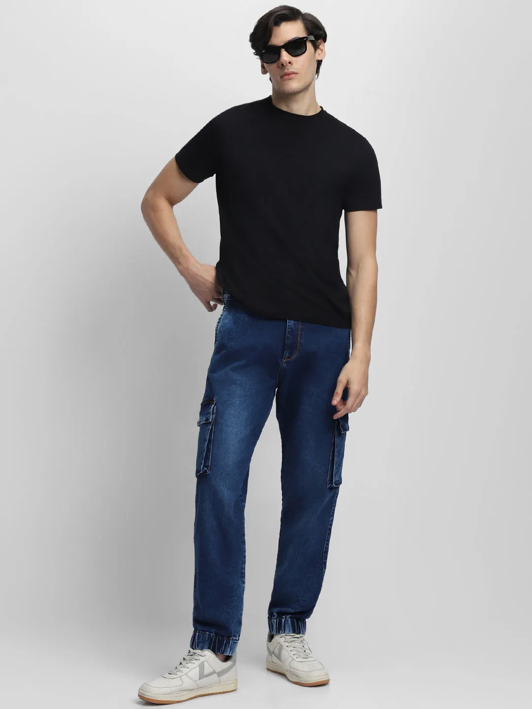 Men's Cargo Jogger Fit Washed Indigo Stretchable Jeans