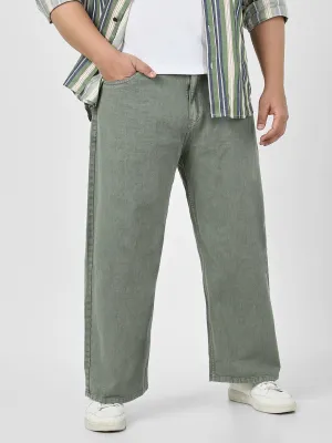 Plus Men's Olive Green Loose Baggy Fit Washed Jeans Non-Stretchable