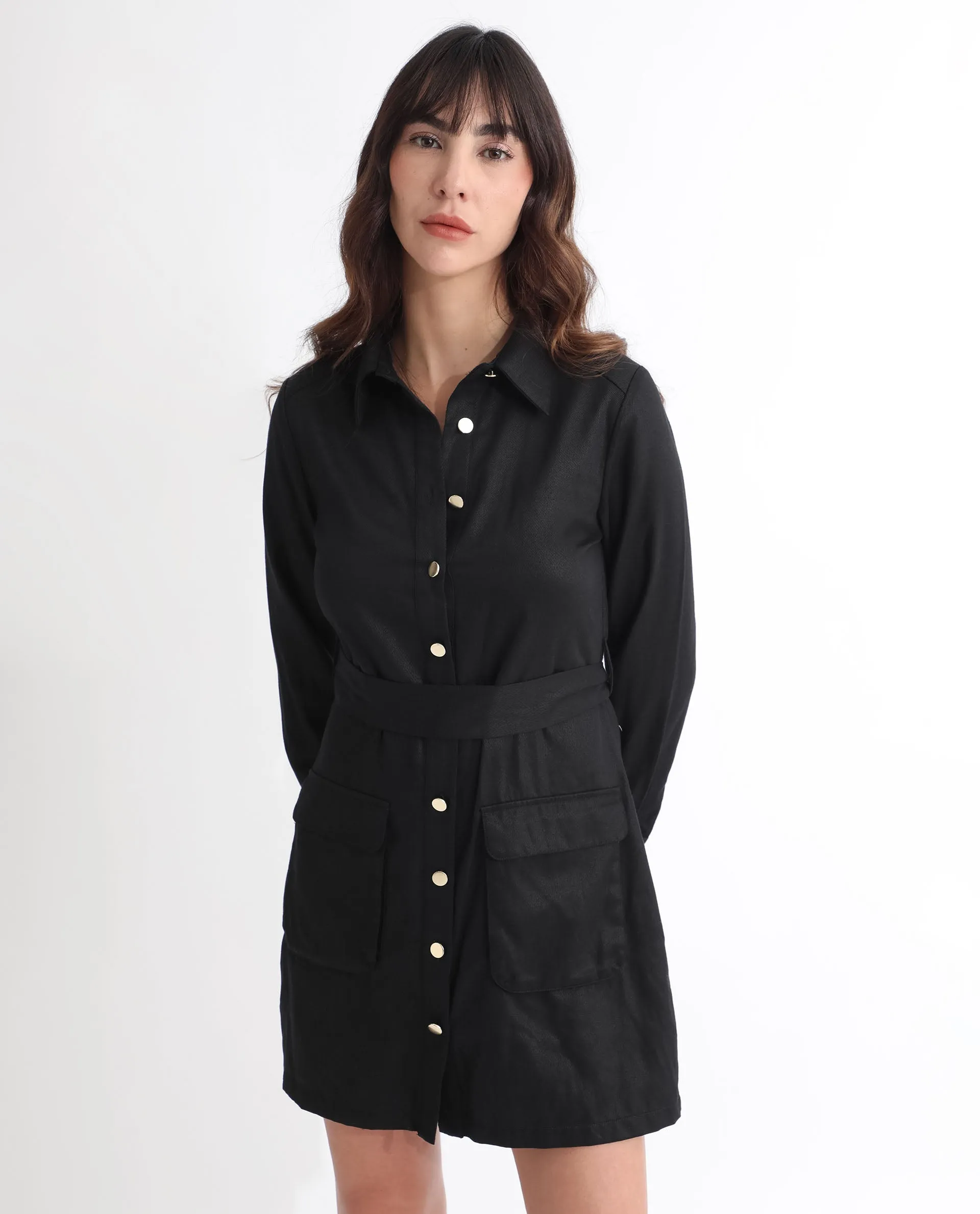 Rareism Women Fenko Black Cotton Fabric Full Sleeves Button Closure Shirt Collar Relaxed Fit Plain Short Shirt Type Dress