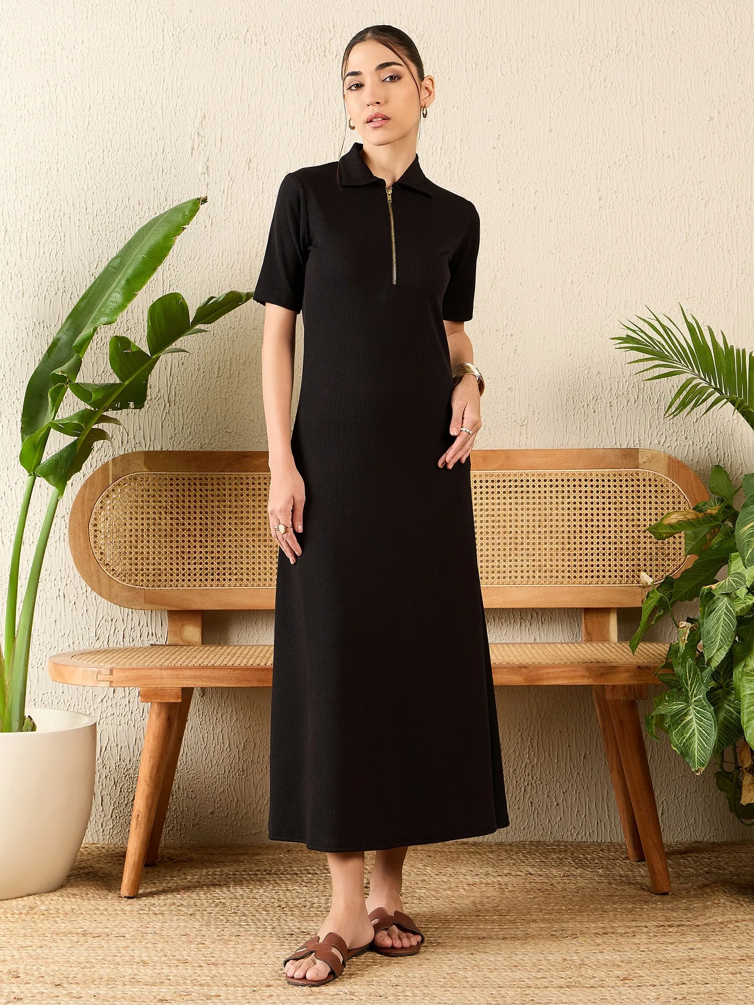 Stretchable Front Zip-up Midi Dress