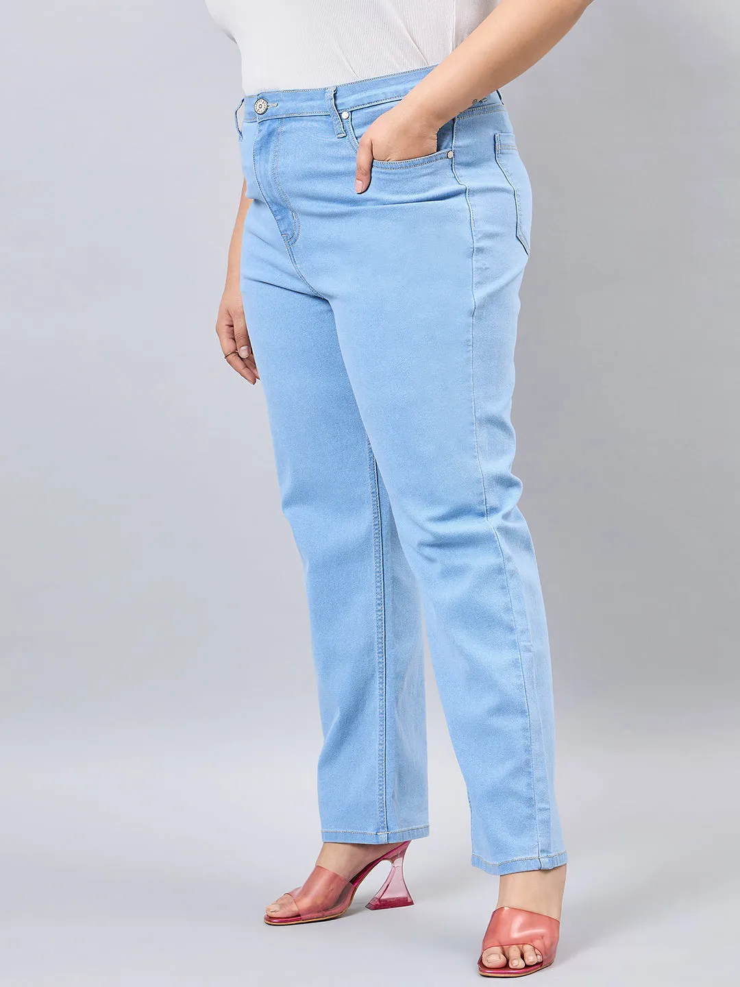 Style Quotient Women Plus Size Light Blue Straight Fit High Rise Stretchable Jeans