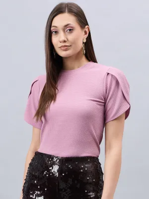 Style Quotient Women Solid Dusty Rose Poly Knit Smart Casual Regular Tulip Sleeve Top