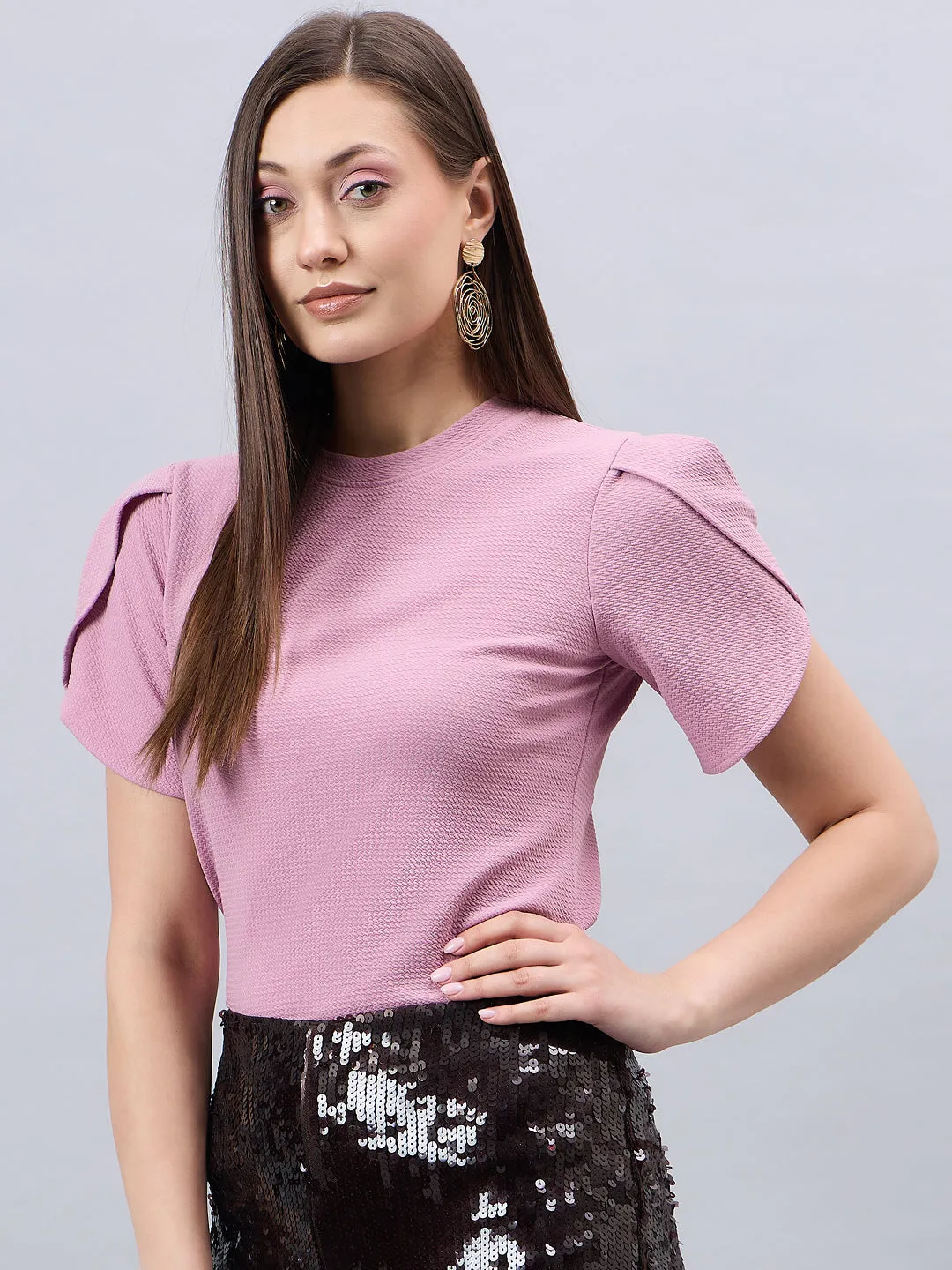 Style Quotient Women Solid Dusty Rose Poly Knit Smart Casual Regular Tulip Sleeve Top