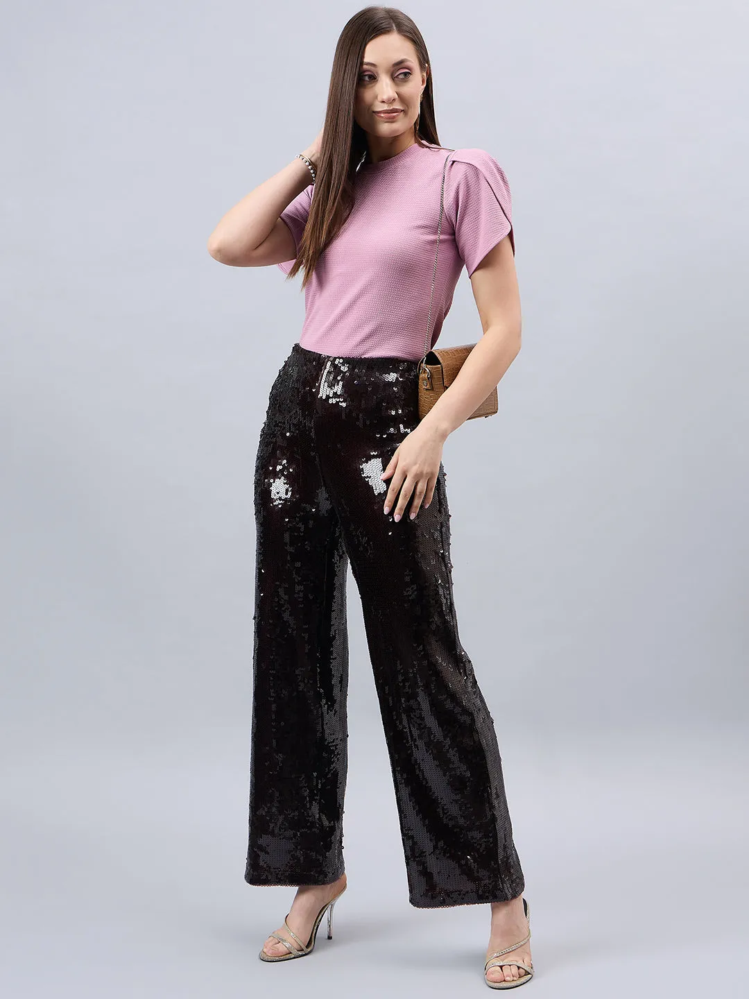 Style Quotient Women Solid Dusty Rose Poly Knit Smart Casual Regular Tulip Sleeve Top