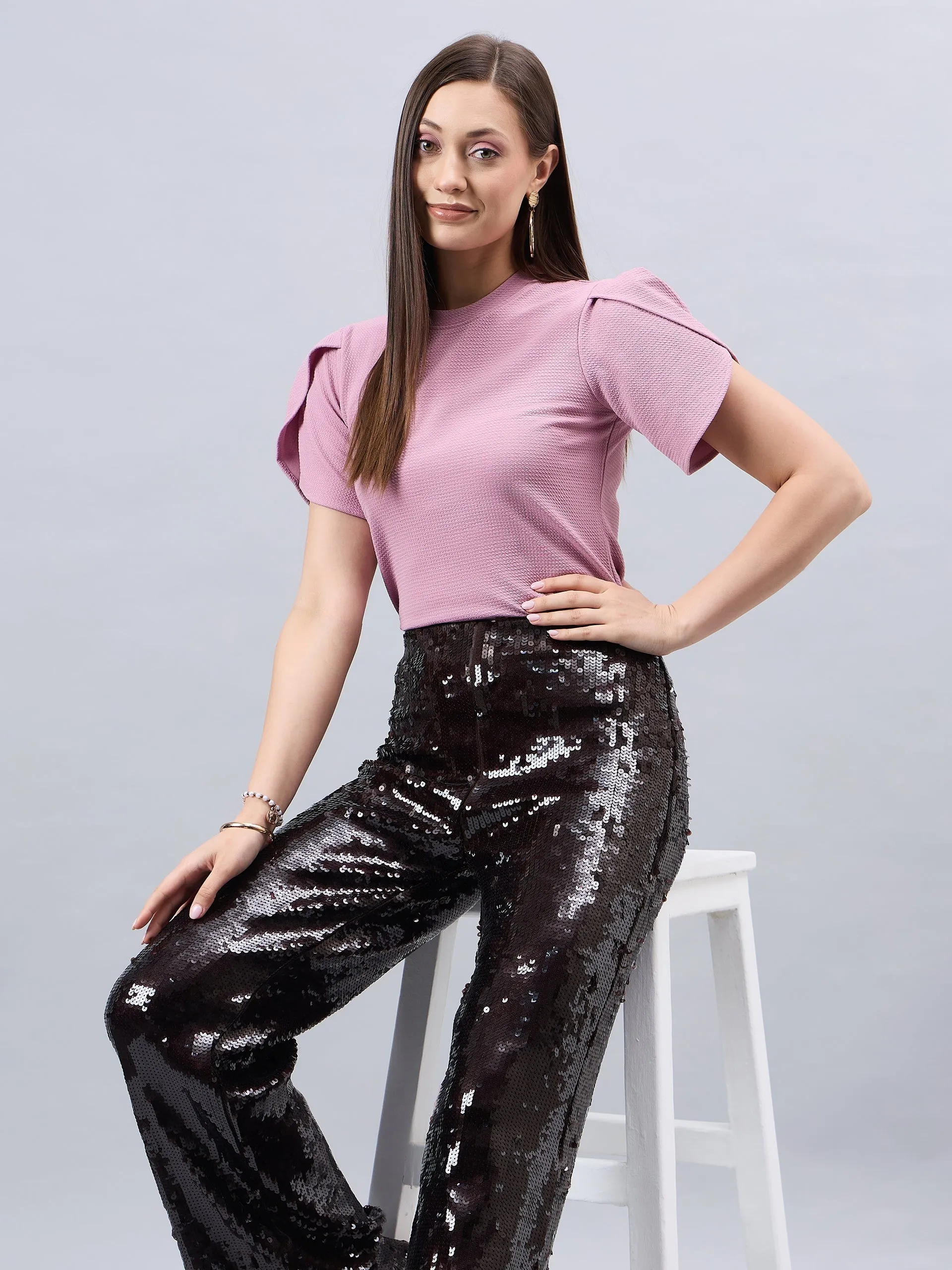 Style Quotient Women Solid Dusty Rose Poly Knit Smart Casual Regular Tulip Sleeve Top