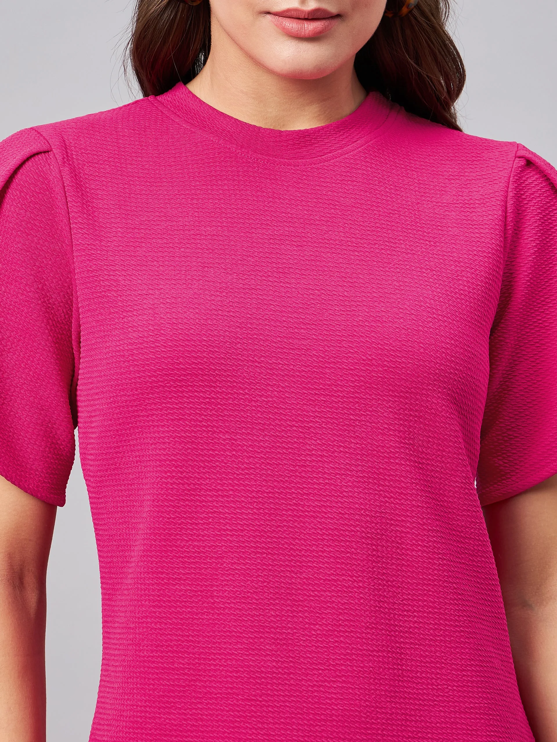 Style Quotient Women Solid Fuchsia Pink Poly Knit Smart Casual Regular Top