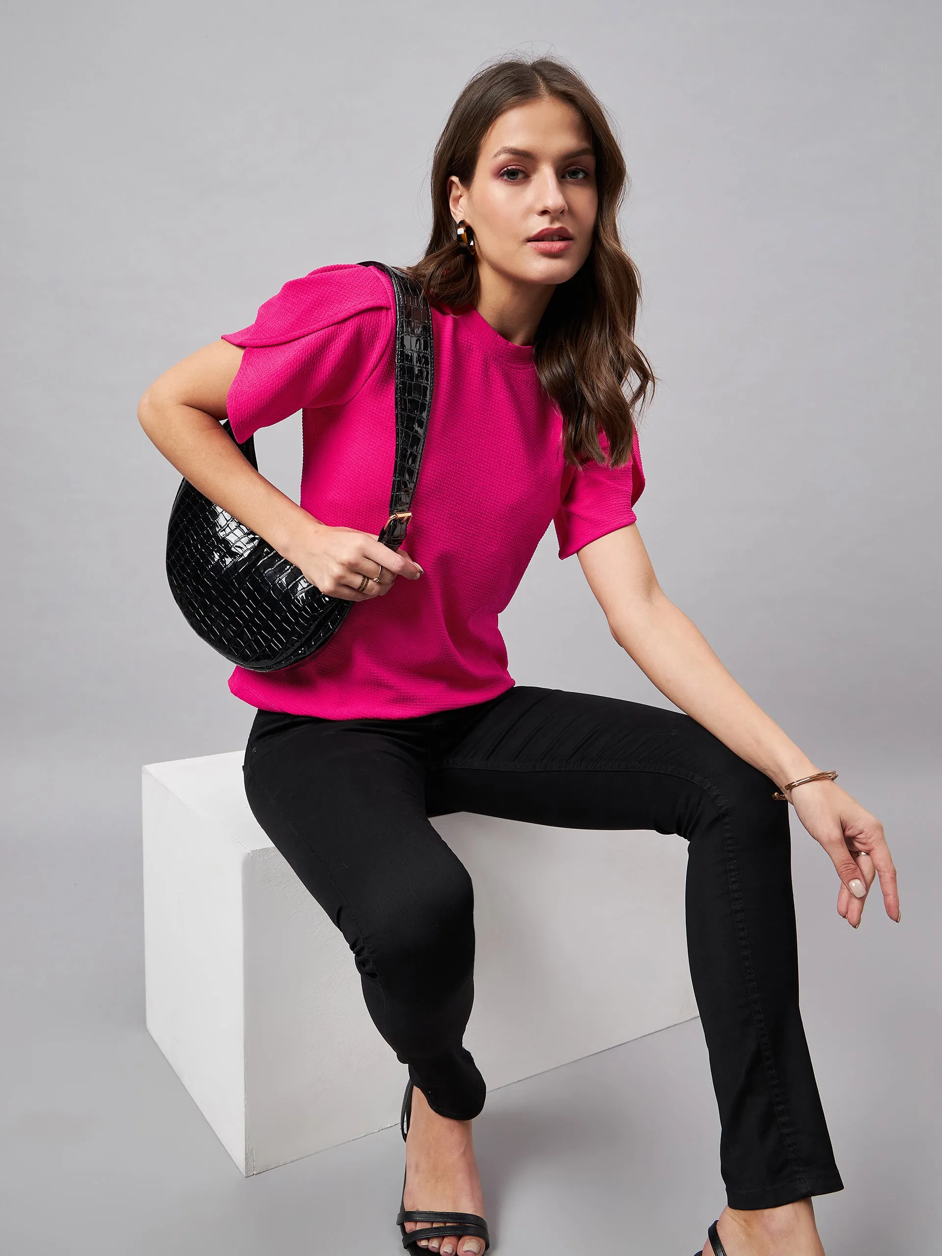 Style Quotient Women Solid Fuchsia Pink Poly Knit Smart Casual Regular Top